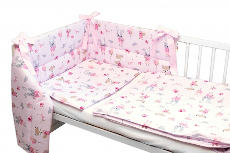 BABY NELLYS 3-dielna sada mantinel s obliečkami, Líška a zajac, ružový-#Velikost povlečení;120x90