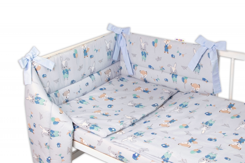 BABY NELLYS 3-dielna sada mantinel s obliečkami, Líška a zajac, modré, 135x100 cm