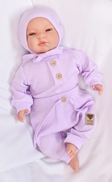 Baby Nellys 3-dielna rebrovaná súpr. Hand Made, body, tepláčiky a čiapočka, lila-#Velikost koj. oblečení;56 (1-2m)