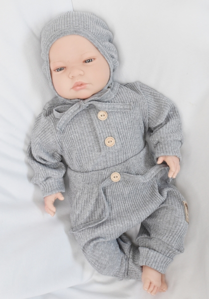 Baby Nellys 3-dielna rebrovaná súpr. Hand Made, body, tepláčiky a čiapočka, sivá-#Velikost koj. oblečení;56 (1-2m)