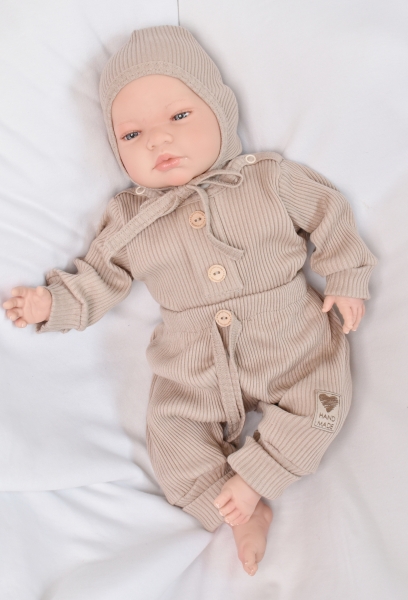 Baby Nellys 3-dielna rebrovaná súpr. Hand Made, body, tepláčiky a čiapočka, béžová-#Velikost koj. oblečení;56 (1-2m)