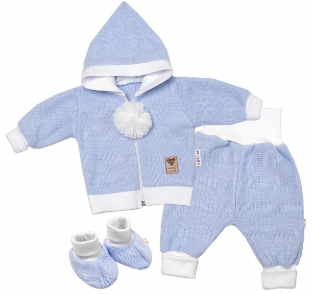 Baby Nellys 3-dielna súprava Hand made, pletený kabátik, kalhoty a topánočky, modrá-#Velikost koj. oblečení;56 (1-2m)