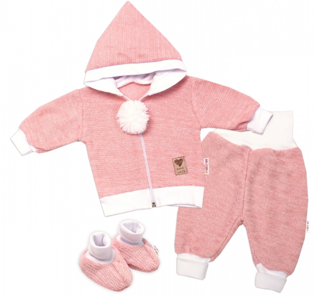 Baby Nellys 3-dielna súprava Hand made, pletený kabátik, kalhoty a topánočky, ružová-#Velikost koj. oblečení;56 (1-2m)