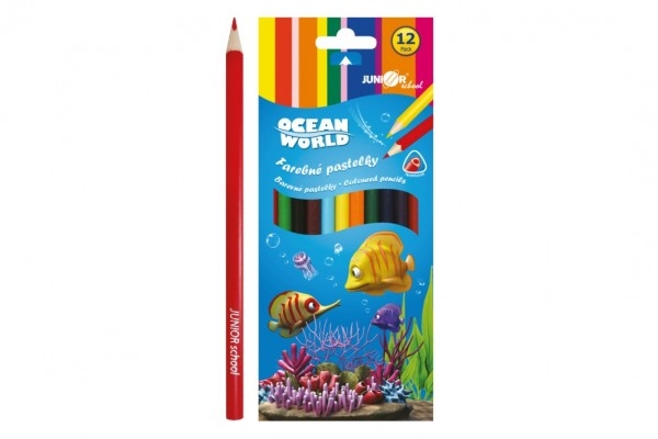 Pastelky farebné drevo Ocean World trojhranné 12 ks v krabičke 9x20,5x1cm 12ks v krab