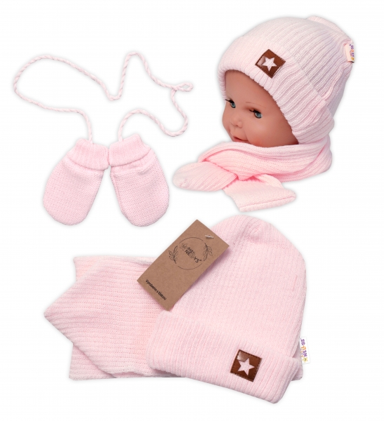 Baby Nellys Pletená čiapka so šálom a rukavičky 3v1, STAR - sv. růžová-#Velikost koj. oblečení;56-62 (0-3m)