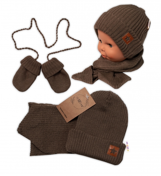 Baby Nellys Pletená čiapka so šálom a rukavičky 3v1, STAR - hnědá, 68/74-#Velikost koj. oblečení;68-74 (6-9m)