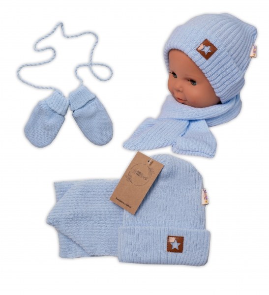 Baby Nellys Pletená čiapka so šálom a rukavičky 3v1, STAR - sv. modrá-#Velikost koj. oblečení;56-62 (0-3m)