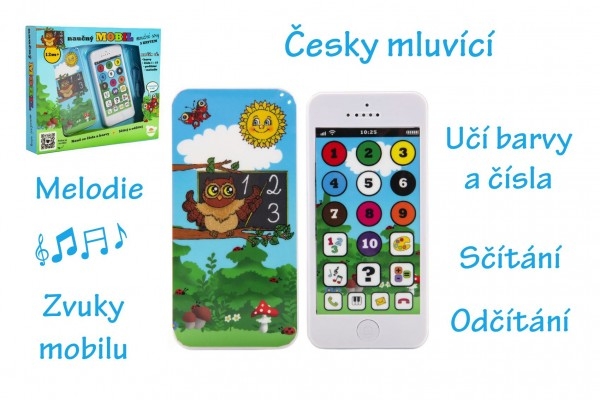 Náučný mobilný telefón múdre sovy s krytom plast na batérie so zvukom v krabici 22x18x3,5 (1 KS,)