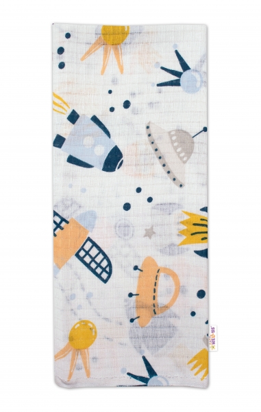 Baby Nellys Kvalitná bavlnená plienka - Tetra Premium, 70x80 cm - Vesmír, modrá/žltá