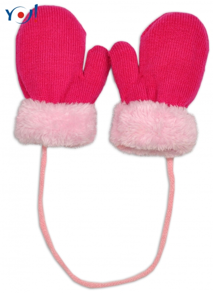YO! Zimné detské rukavice s kožušinou - šnúrkou YO - malinová/ružová kožušina, 110