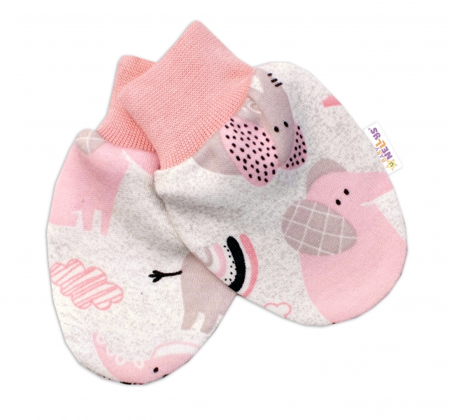 Baby Nellys Bavlnené dojčenské rukavičky Sloníci - ružový lem