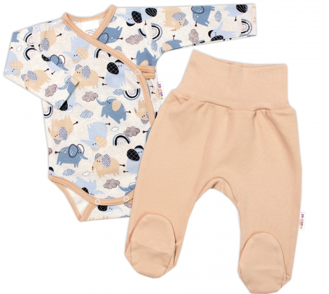 Baby Nellys 2-dielna sada, body dl.rukáv zap. bokom, polodup. Sloníci, bežová/modrá,veľ.68-#Velikost koj. oblečení;68 (3-6m)