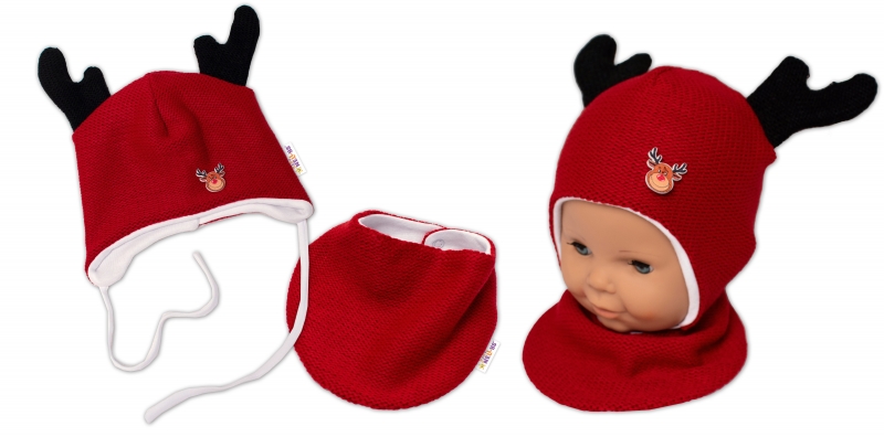 Baby Nellys Pletená dvojvrstvová čiapka so šatkou Sobík, červená/biela, veľ. 80/86-#Velikost koj. oblečení;80-86 (12-18m)