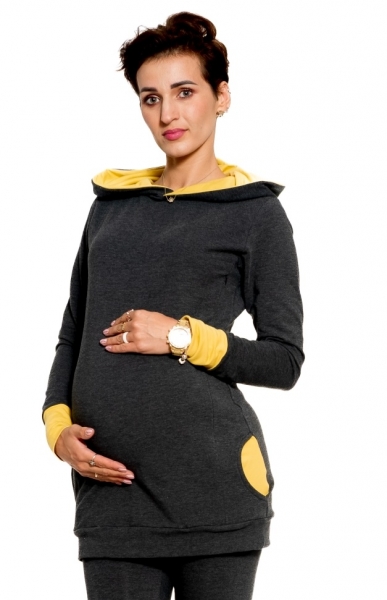 Tehotenská/dojčiaca mikina Be MaaMaa s kapucňou, Gianna - grafit/žltá, veľ. M-#Velikosti těh. moda;M (38)