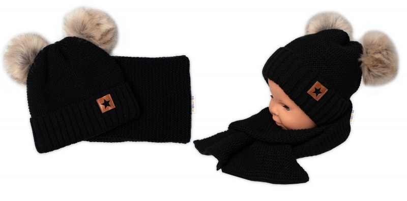 Zimná čiapka s kožušinovými brmbolcami + šál Baby Nellys Star - čiarna, 6/24 mesiacov-#Velikost koj. oblečení;80-92 (12-24m)