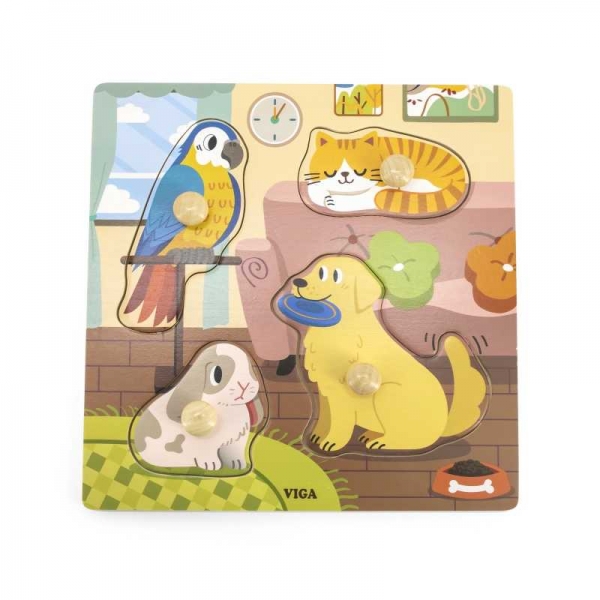 Edukačná drevená vkladačka/puzzle s úchytmi Viga, Domáci miláčikovia
