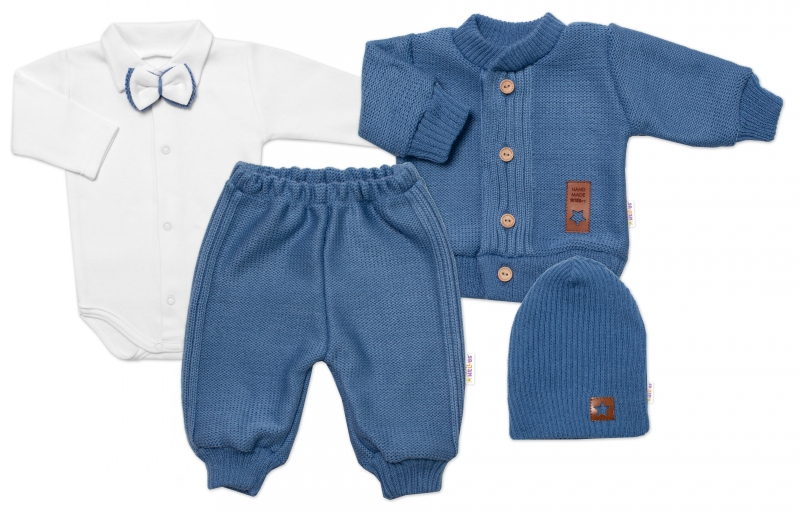 5-dielna pletená sada Baby Nellys, Boy, body, nohavice, sveter, čiapka, motýlik, modrá,80