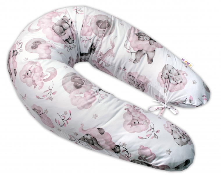 Dojčiace bavlnený vankúš - relaxačná poduška Baby Nellys, Zvieratká na mráčiku, ružový