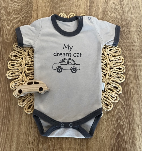 Dojčenské body, kr. rukáv Mamatti, zap. u krku, Dream Car - šedé/granát.lem, veľ. 80-#Velikost koj. oblečení;80 (9-12m)