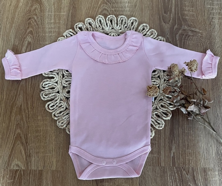 Detské body, dl. rukáv Mamatti, zap. pri krku, Baby Mouse - ružové s volánikmi, veľ. 92-#Velikost koj. oblečení;92 (18-24m)