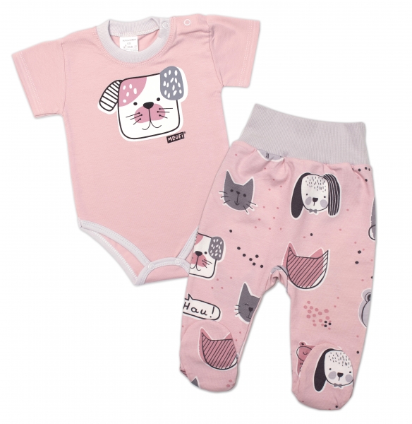 2-dielna sada body zapínania pri krku+polodupačky Psík a Mačička Mrofi, ružová/sivá-#Velikost koj. oblečení;68 (3-6m)