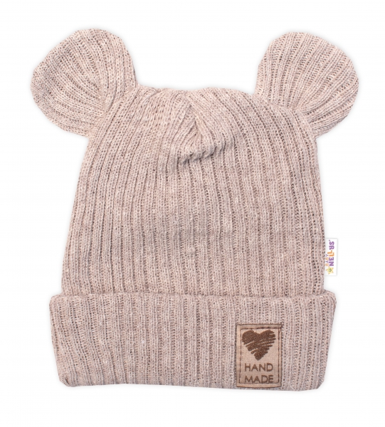 Pletená bavlněná čiapka s uškami, dvojvrstvová, Hand Made Baby Nellys, béžová, veľ. 80/86-#Velikost koj. oblečení;80-86 (12-18m)