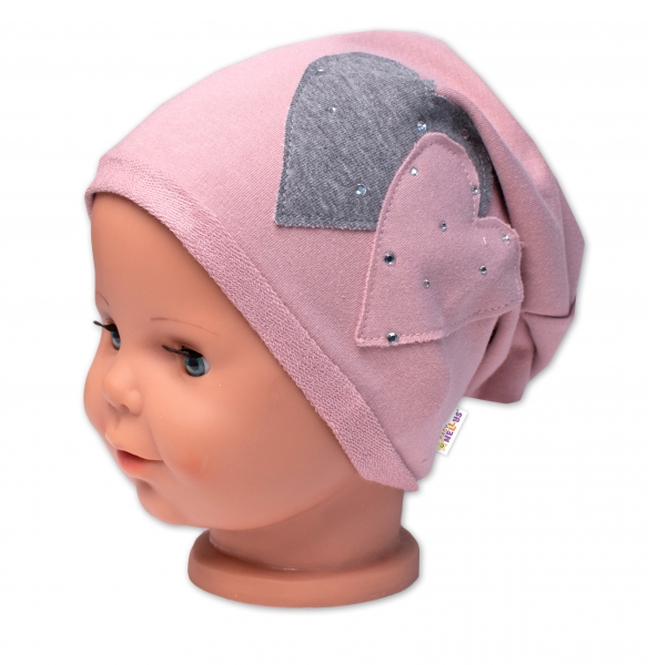 Detská čiapka bavlna, Srdiečka s kamienkami, Baby Nellys, púdrová-#Velikost koj. oblečení;80-86 (12-18m)