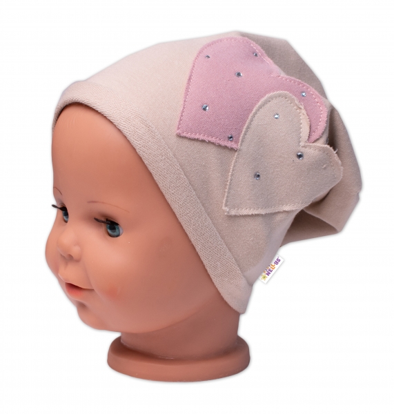 Detská čiapka bavlna, Srdiečka s kamienkami, Baby Nellys, béžová-#Velikost koj. oblečení;80-86 (12-18m)