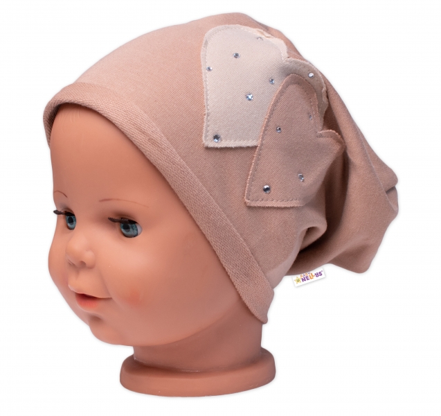 Detská čiapka bavlna, Srdiečka s kamienkami, Baby Nellys, cappuccino-#Velikost koj. oblečení;80-86 (12-18m)