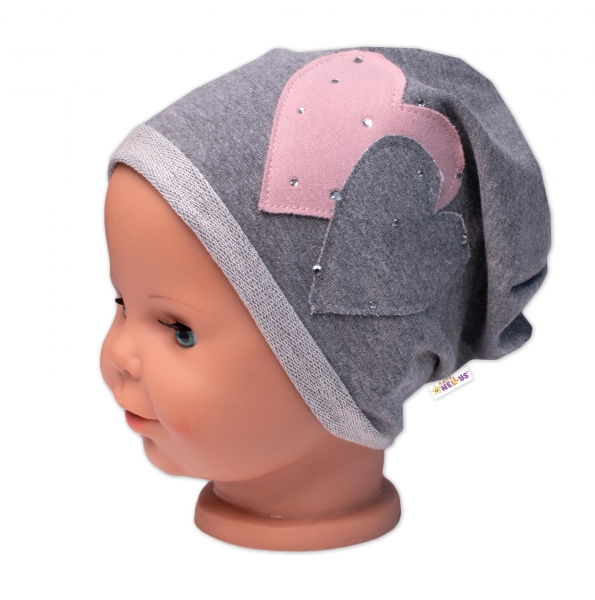 Detská čiapka bavlna, Srdiečka s kamienkami, Baby Nellys, sivá-#Velikost koj. oblečení;80-86 (12-18m)