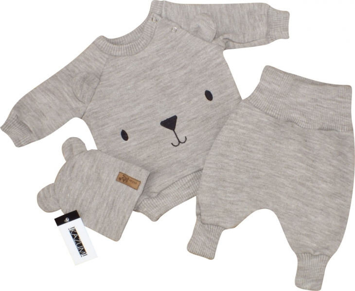 Pletená dojčenská sada 3D Medvedík, svetrík, tepláčiky + čiapočka Kazum, béžová-#Velikost koj. oblečení;56 (1-2m)