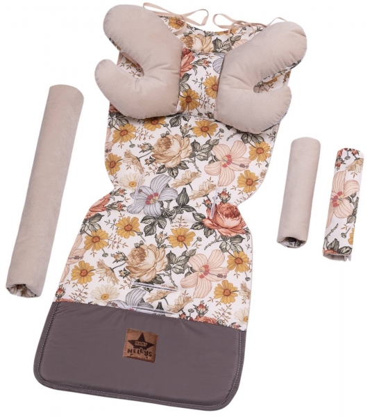 Obojstranná 5D sada do kočíka Velvet Retro kvety, Baby Nellys, šedá/béžová