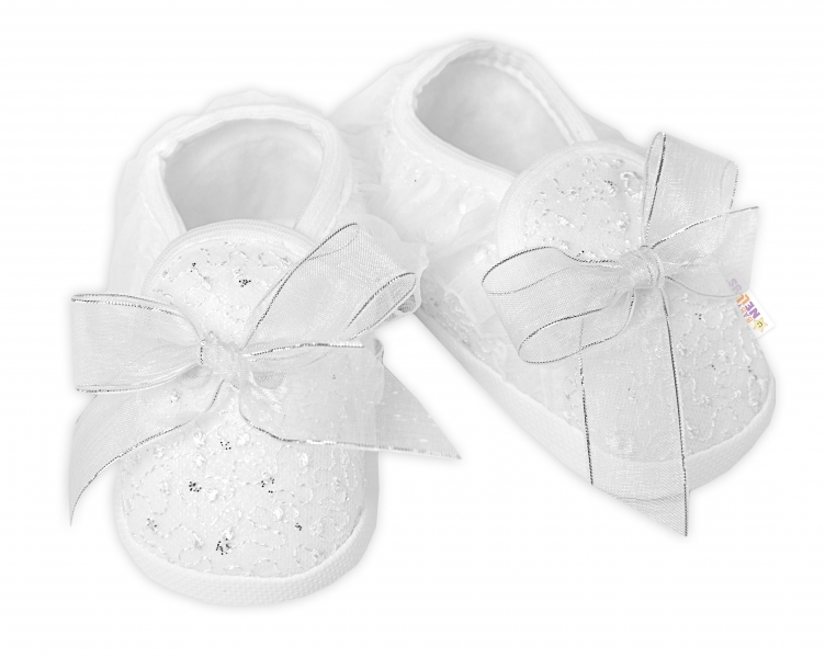 Dojčenské capáčky/topánočky s čipkou a mašľou, Baby Nellys, biele, veľ. 68/74, 12,5cm-#Velikost koj. oblečení;68-74 (6-9m)
