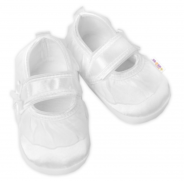 Dojčenské capáčky/topánočky s čipkou a mašľou, Baby Nellys, biele, veľ. 68/74, 12,5cm-#Velikost koj. oblečení;68-74 (6-9m)