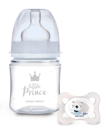 Antikoliková fľaštička 120ml + cumlík set Canpol Babies, Mini Boy - Little Prince