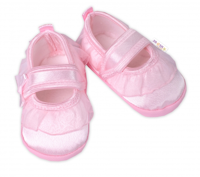 Dojčenské capáčky/topánočky s čipkou a mašľou, Baby Nellys, ružové, veľ. 68/74, 12,5 cm-#Velikost koj. oblečení;68-74 (6-9m)