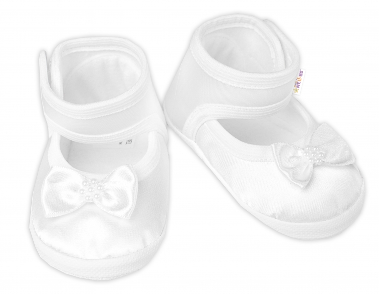 Dojčenské capáčky/topánočky saténové s mašličkou, Baby Nellys, biele, veľ. 68/74, 12,5 cm-#Velikost koj. oblečení;68-74 (6-9m)