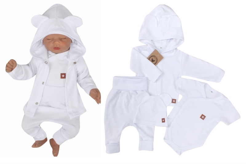 Novorodenecká sada 4D, body kr. rukáv, tepláčiky, kabátik a čiapočka Z&Z, biela, veľ. 56