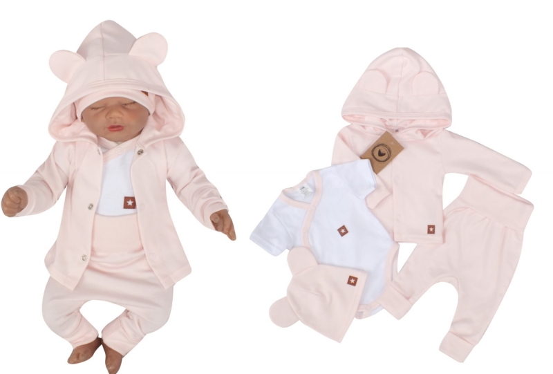 Novorodenecká sada 4D, body kr. rukáv, tepláčiky, kabátik a čiapočka Z&Z, ružová, veľ. 62