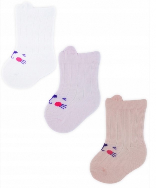 Dojčenské ponožky, 3 páry - Noviti - Mačička, biela/ružová/losos, veľ. 6-12 m