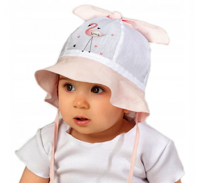 Letný klobúčik na zaväzovanie Baby Nellys Plameniak, ružový/biely, veľ. 74/80