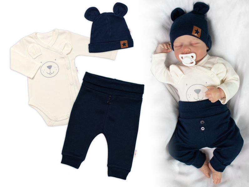 Zavinovacie body dl.rukáv, tepláčky a čiapočka Little Bear, Baby Nellys, granát/smotana