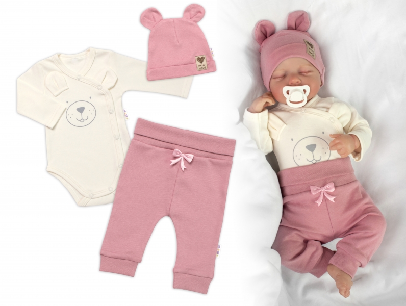 Zavinovacie body dl.rukáv, tepláčky a čiapočka Little Bear, Baby Nellys, púdrová, veľ. 62