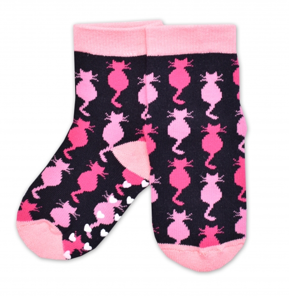 Detské froté ponožky s ABS Mačka - čierno/ružové, veľ. 31/34