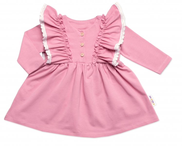 Dojčenské šaty dlhý rukáv s volánikmi Amálka, bavlna, Mrofi, púdrovo ružové, veľ. 98