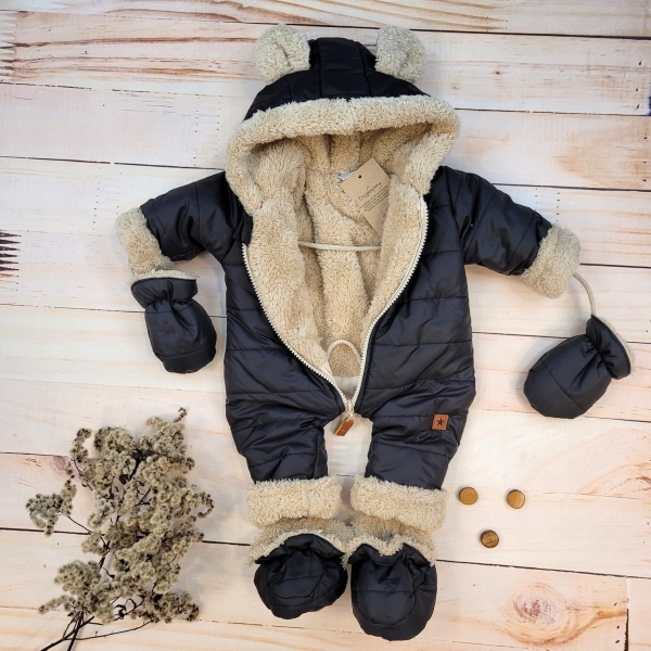 Zimná prešívaná kombinéza s kožúškom a kapucňou + rukavičky + topánočky, Z&Z - čierna, 62