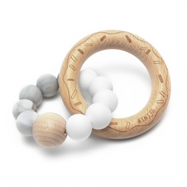 Silikónové hryzátko Donut Mimijo na drevenom krúžku - bielo/sivý