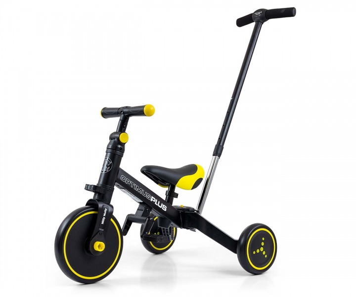Balančná trojkolka, bicykel, odrážadlo a vodiaca tyč, Optimus Plus 4 v 1, čierna