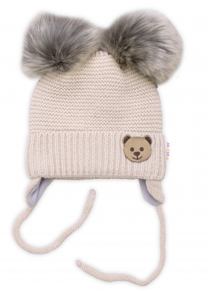 Zimná čiapka s fleecom Teddy Bear - chlupáčk. bambuľky - béžová