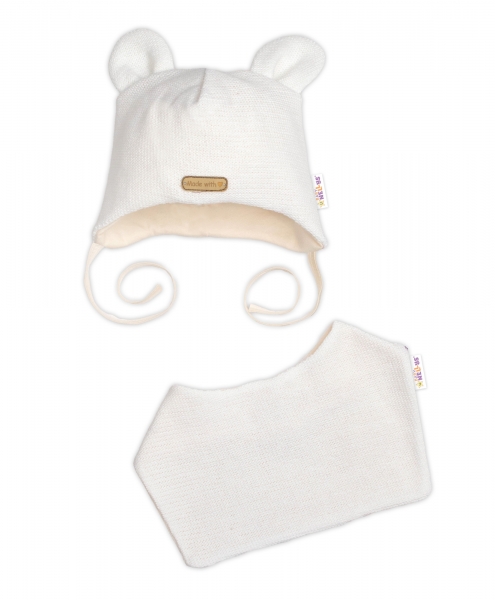 Pletená čepice s bavlněnou podšívkou a šátkem 2v1, Teddy Hand made - kokosová bílá, 80/86
